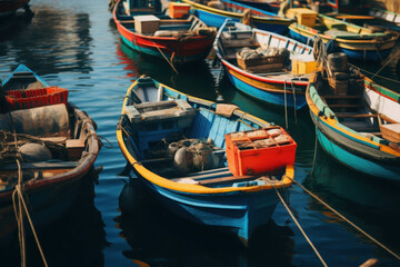 A Serene View of Vibrantly Colored Rowboats Tied Together Floating Calmly on the Crystal Clear Blue Waters