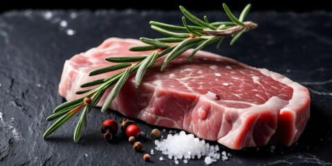 a piece of raw meat with spices on a black background