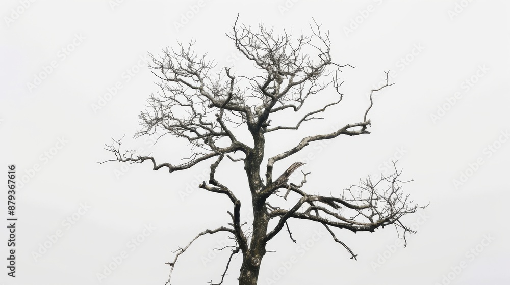 Poster Leafless tree with many branches stands tall under a vast white sky, creating a stark and minimalist composition