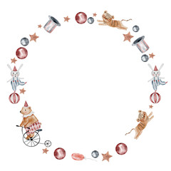 Circus frame. Watercolor hand drawing in the form of a circle with circus elements and cute animals. Clip art isolated on white background. A bear on a bicycle, a hare on a ball, a magician's hat, a