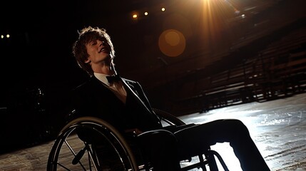 A man in a wheelchair is sitting in a dark room. He is wearing a suit and tie