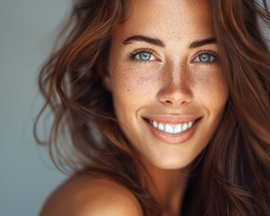 Obraz premium A woman with green eyes and brown hair is smiling. She has a natural beauty and a warm, friendly expression