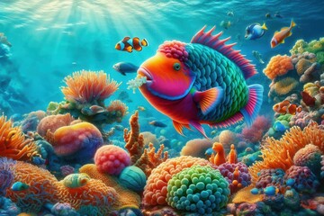 Obraz premium Blue parrotfish (Chlorurus sordidus) is eating the corals underwater in the tropical waters of the ocean