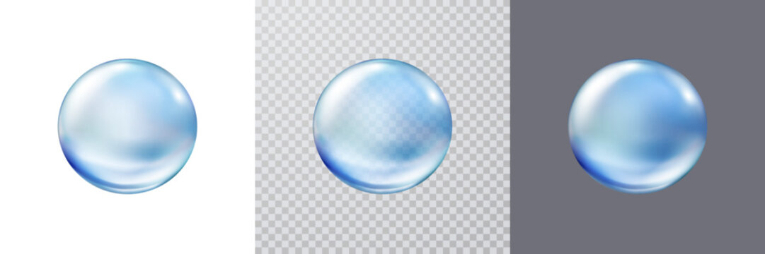 Collagen droplet isolated on transparent, blue and white  backgrounds. Realistic vector clear dew, pure drop, water bubble or glass ball template