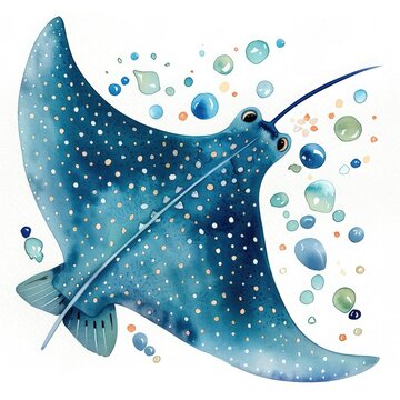 recommend clip art: Colorful digital illustration of a spotted stingray swimming among bubbles in an underwater scene, perfect for marine-themed art.