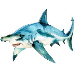 Obraz premium Illustrated hammerhead shark gracefully swimming in the ocean, showcasing its distinctive head shape and vibrant blue hues.