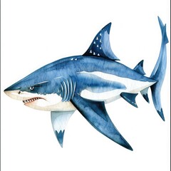 Fototapeta premium Watercolor illustration of a fierce shark with sharp teeth and blue gradients, swimming gracefully in an underwater scene.