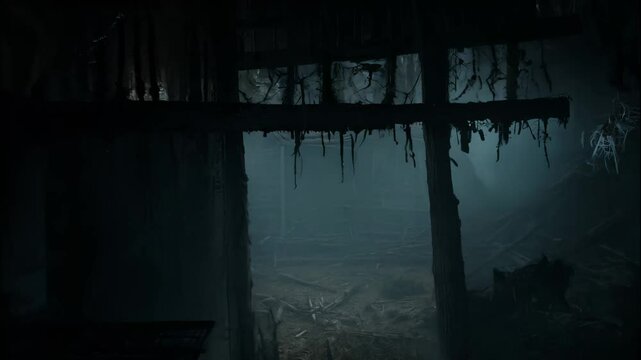 A dark, abandoned witch's hut revealing a dark, eerie interior.