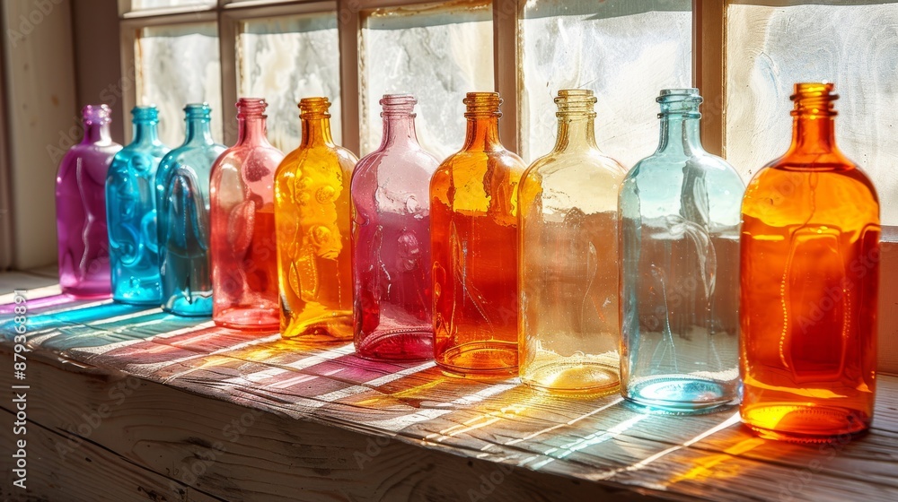 Poster row of colorful glass bottles are catching the light shining through a window, creating a vibrant an