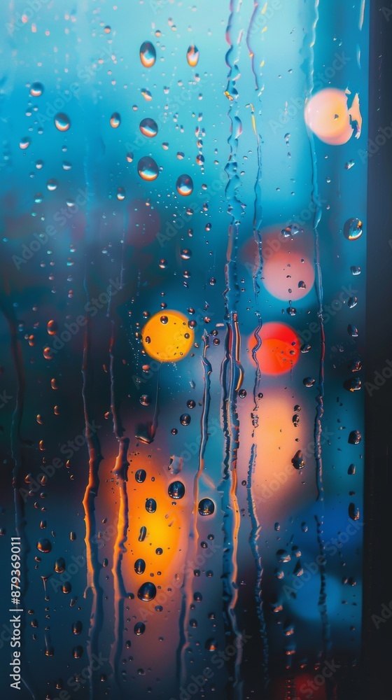 Poster raindrops falling on a window, creating patterns with city lights in the background