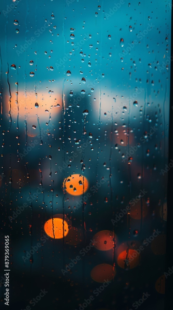 Poster raindrops cascade down a window, creating a mesmerizing pattern against a blurred cityscape. city li