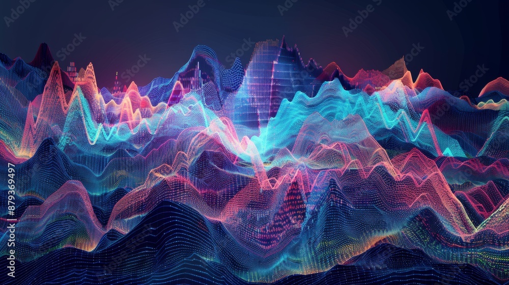 Poster abstract colorful 3d landscape forming from data and information flowing through cyberspace. the dig
