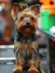 A small brown dog with a bow in its hair is sitting on a counter. The dog appears to be happy and is looking at the camera