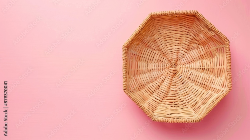 Aufkleber octagonal straw basket on pink background top view decorative interior objects empty space