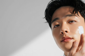 Young Korean man applying skincare cream, maintaining his beauty routine