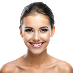 Obraz premium Portrait of a woman, emphasizing beauty and skincare, featuring a clean, natural look with makeup and fashion elements, highlighting fresh, healthy skin, eyes, hair, and a perfect smile