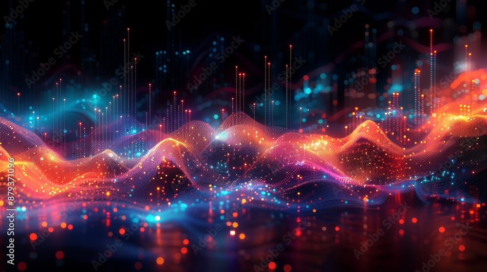 Poster colorful particles flow, forming a mesmerizing data stream with lines, dots, and light effects in th