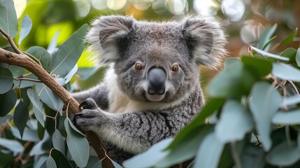 Obraz premium Koala in Eucalyptus Tree- A koala clings to the branches of a eucalyptus tree in the Australian bush