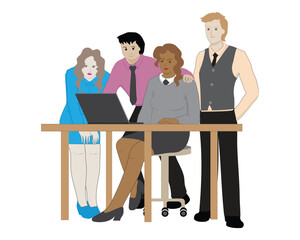 vector design cartoon illustration of four business workers or office employees consisting of two women and two men looking at a laptop on a table