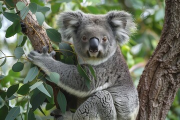 Koala in Eucalyptus Tree- A koala clings to the branches of a eucalyptus tree in the Australian bush
