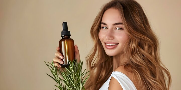 Woman demonstrating her hair care routine with rosemary oil bottle. Concept Hair Care Tips, Rosemary Oil Benefits, Beauty Routines, Hair Nourishment, Self-Care Practices
