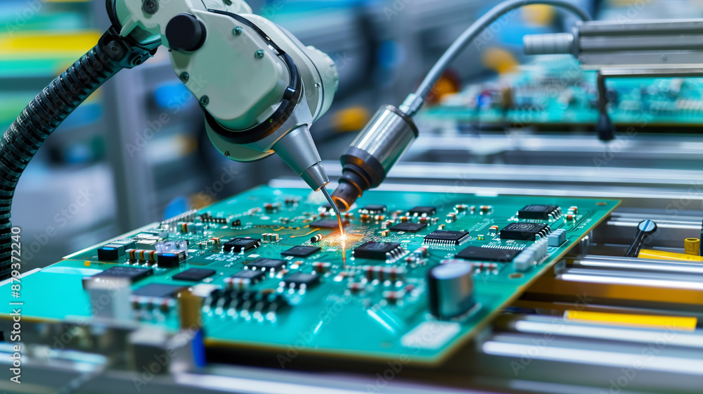 Poster of a robotic arm performing high-precision soldering on electronic circuit boards with a technician 