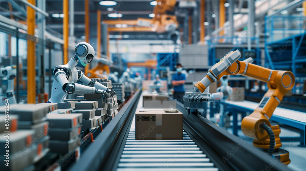 Poster of a fully automated packaging line where robots handle, pack, and seal products, with supervisors m