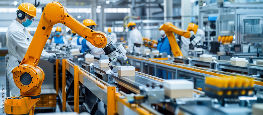 Poster of a fully automated packaging line where robots handle, pack, and seal products, with supervisors m
