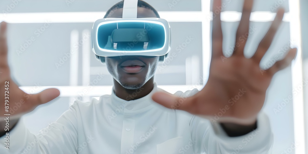Poster engineer in vr glasses using hologram for 3d visualization in computer science. concept computer sci