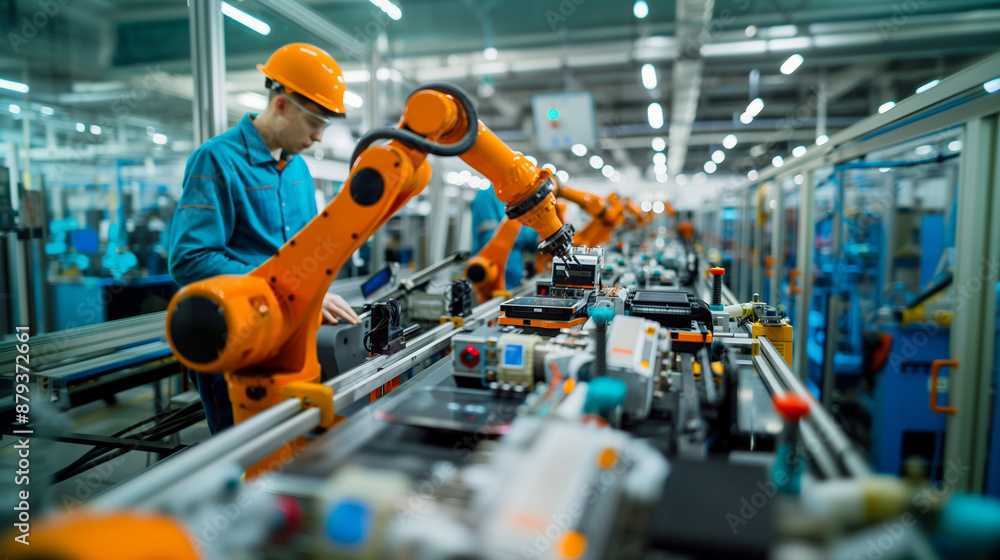 Poster of a robotic assembly line producing high-tech gadgets, with employees ensuring smooth operation and