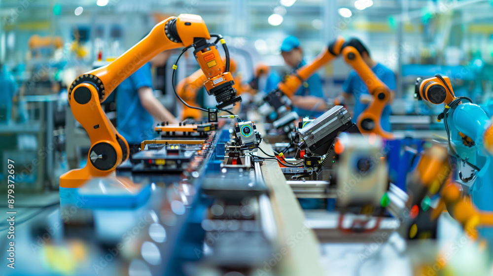 Poster of a robotic assembly line producing high-tech gadgets, with employees ensuring smooth operation and
