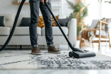 Fototapeta premium Person vacuuming a modern living room rug