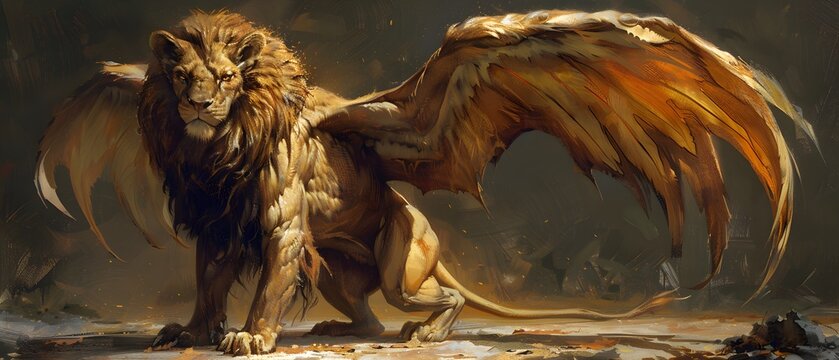 The majestic appearance of the manticore, an imaginary animal with the body and head of a male lion and large wings.