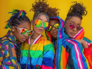 Obraz premium group of young LGBTQ teen mix gender ethnicity lively active together fun laugh smiling joyful cheerful, colorful people rainbow theme, fashionable hair style with sunglasses.