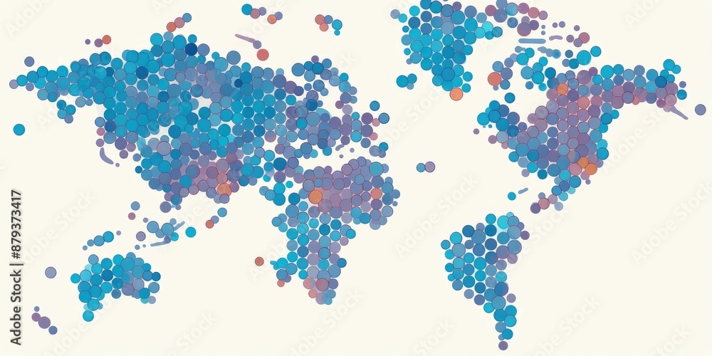 Poster abstract vibrant world map composed of multicolored circles on a light background. global diversity 
