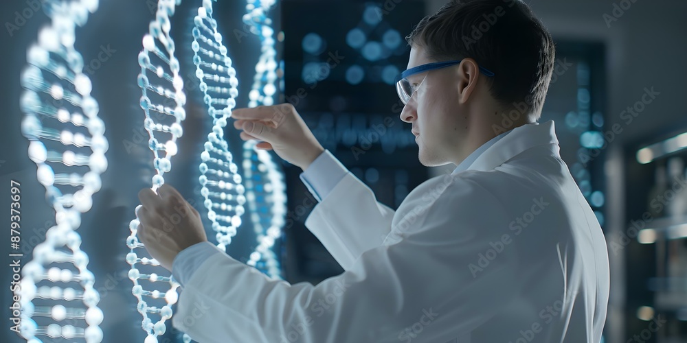 Aufkleber scientist in lab coat using holographic display with 3d dna structures. concept scientist, lab coat,