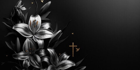 Black and white lilies with cross on dark background for funeral and memorial concept