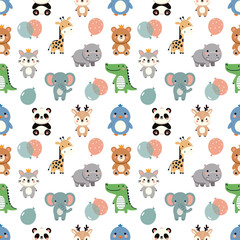 Seamless pattern for children's printing with cute animals and balloons