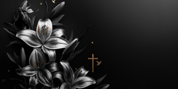 Black and white lilies with cross on dark background for funeral and memorial concept