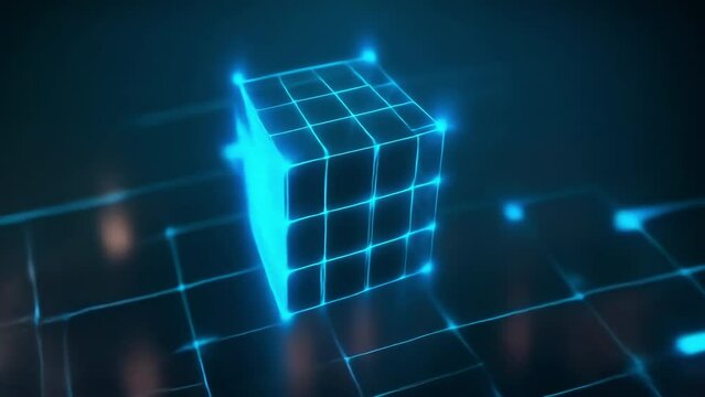 Futuristic digital cube structure with glowing blue connections on a grid background, representing technology and innovation.
