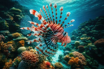 Obraz premium A red lionfish (Pterois volitans) swimming gracefully in the tropical waters of the ocean, surrounded by vibrant coral reefs.