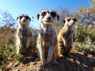 Fototapeta premium Meerkats on the Savanna- A group of meerkats stands alert on the African savanna