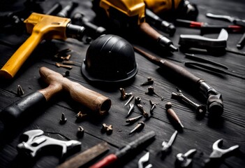 lmet construction black wooden drill hammer tools bac background tool work texture yellow repairman plier
