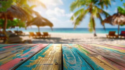 Colorful wooden tables and tropical beach with coconut trees in blurred background.