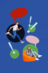 Vertical poster collage young cheerful woman celebrate success winner textbox communication dialog...