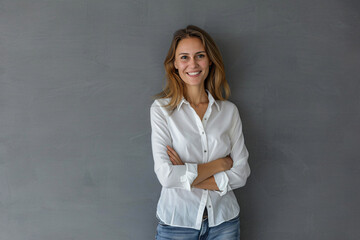 Portrait of a smiling business woman standing with arms crossed isolated on a grey background, wearing a white shirt and jeans, in the style of a real photo.