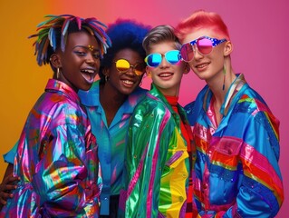 Fototapeta premium group of young LGBTQ teen mix gender ethnicity lively active together fun laugh smiling joyful cheerful, colorful people rainbow theme, fashionable hair style with sunglasses.