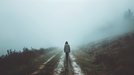 Obraz premium Man walking on a natural road in the fog