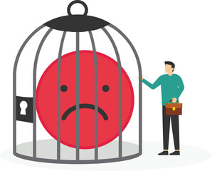 Lack of freedom or happiness in working life. man locks his sadness in a cage

