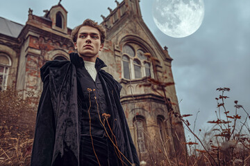 A mysterious man in gothic attire stands confidently outside a moonlit, abandoned mansion, exuding an eerie, vintage charm